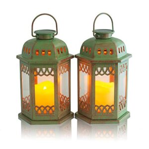 steadydoggie solar lanterns 2 pack green - hanging solar lights with flickering candle led - retro ornate hanging solar lantern with handle