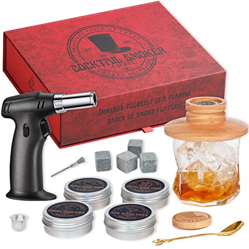 Smoke Top Cocktail Smoker Kit with Torch, 4 Delicious Wood Chips Flavors (Cherry, Apple, Oak, and Hickory) - Whiskey Smoker infuser Kit Home Bar Accessories - Bourbon Smoker for Old Fashioned Cocktails - TOPHAT