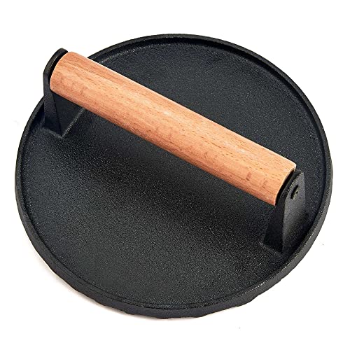 Leonyo Cast Iron Burger Press, 7 Inch Round Heavy Duty Bacon Meat Steak Grill Press with Wooden Handle, Heat Proof, Rust Resistance, Griddle Accessorie Burger Smasher for BBQ Flat Top Teppanyaki