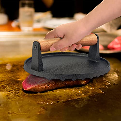 Leonyo Cast Iron Burger Press, 7 Inch Round Heavy Duty Bacon Meat Steak Grill Press with Wooden Handle, Heat Proof, Rust Resistance, Griddle Accessorie Burger Smasher for BBQ Flat Top Teppanyaki