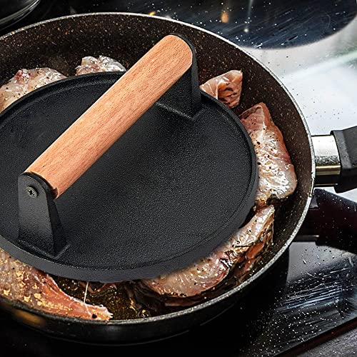 Leonyo Cast Iron Burger Press, 7 Inch Round Heavy Duty Bacon Meat Steak Grill Press with Wooden Handle, Heat Proof, Rust Resistance, Griddle Accessorie Burger Smasher for BBQ Flat Top Teppanyaki