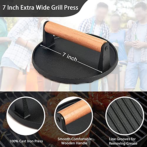 Leonyo Cast Iron Burger Press, 7 Inch Round Heavy Duty Bacon Meat Steak Grill Press with Wooden Handle, Heat Proof, Rust Resistance, Griddle Accessorie Burger Smasher for BBQ Flat Top Teppanyaki