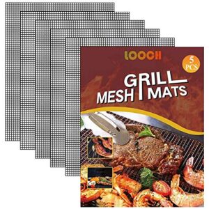 looch bbq mesh grill mat set of 5 - heavy duty nonstick mesh grilling mats & barbecue accessories - reusable and easy to clean - works on gas, charcoal, electric grill and more - 15.75 x 13 inch