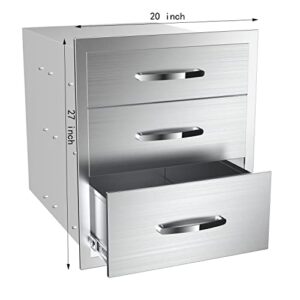 KODOM Outdoor Kitchen Drawers Stainless Steel,20W x 27H x 23D Inch Flush Mount Triple Drawers,BBQ Drawers for Outdoor Kitchens or BBQ Island