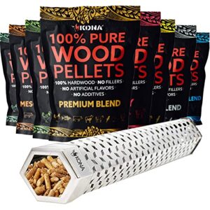 kona smoker tube & wood pellets [set of 8] bold smoke flavor hardwood pellets - 12 inch tube & set of 8, 1 pound pellets pack (8 lbs total)