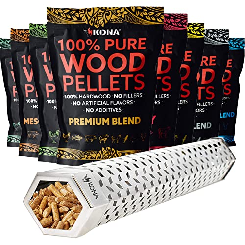 Kona Smoker Tube & Wood Pellets [Set of 8] Bold Smoke Flavor Hardwood Pellets - 12 Inch Tube & Set of 8, 1 Pound Pellets Pack (8 lbs Total)