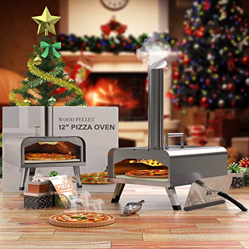 Outdoor Pizza Oven, Wood Fired Pizza Oven for Outside, Gift Package & Recipe & 12" Pizza Stone Included, Silver