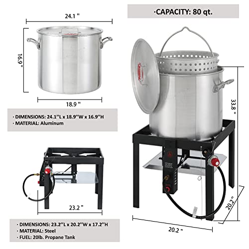 FEASTO 80QT Aluminum Boil Pot with Basket Perfect for Seafood Boiling and Steaming, Outdoor Propane Gas Cooker with Adjustable 0-10 PSI Regulator, Non-Assembly Frame Stand