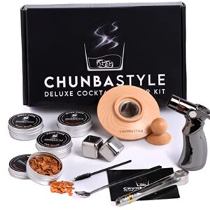 Chunba Style Cocktail Smoker Kit with Torch, 4 Wood Chips Flavors, 11pcs Deluxe Set for Whiskey, Bourbon Old Fashioned Drink Smoker Lovers. Unique Gift for Men, Father, Husband and Friends (No Butane)