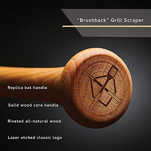 Baseball BBQ | 'Brushback' Grill Scraper Tool | BBQ Grilling Accessories & Utensils for Baseball Fans | Patented Wooden Bat Handle & Quality Stainless Steel for Dad | Add to Set