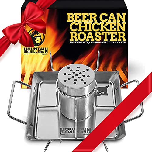 MOUNTAIN GRILLERS Beer Can Chicken Roaster Stand - Stainless Steel Holder - Barbecue Rack for The Grill, Oven or Smoker - Dishwasher Safe - Includes 4 Vegetable Spikes