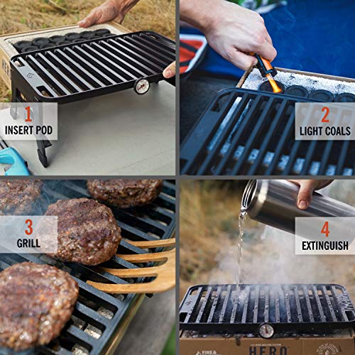 Fire & Flavor Hero Grill System - Ultra-Portable Grill for Camping, Tailgating, and BBQ on the Go - Tabletop Charcoal Grill Set Comes with Spatula, Thermometer, and Cutting Board