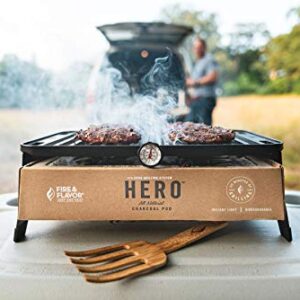 Fire & Flavor Hero Grill System - Ultra-Portable Grill for Camping, Tailgating, and BBQ on the Go - Tabletop Charcoal Grill Set Comes with Spatula, Thermometer, and Cutting Board