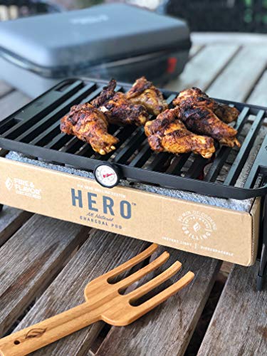 Fire & Flavor Hero Grill System - Ultra-Portable Grill for Camping, Tailgating, and BBQ on the Go - Tabletop Charcoal Grill Set Comes with Spatula, Thermometer, and Cutting Board