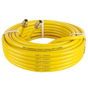 100ft 1/2" csst gas line 1/2in natural flexible gas line with 2 male adapter fittings, csst corrugated stainless steel gas tubing pipe kit for stove dryer heater gas propane (100ft)