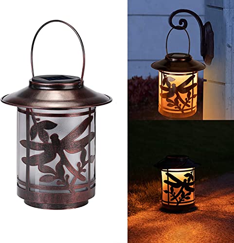 Solar Lanterns Outdoor Waterproof , Dragonfly Pattern Solar Lantern Outdoor Hanging with Handle, Metal LED Christmas Solar Outdoor Lights for Garden Patio Porch Pathway Yard Tabletop Decoration