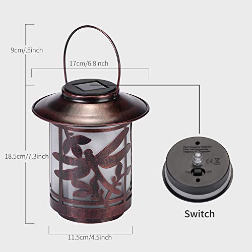 Solar Lanterns Outdoor Waterproof , Dragonfly Pattern Solar Lantern Outdoor Hanging with Handle, Metal LED Christmas Solar Outdoor Lights for Garden Patio Porch Pathway Yard Tabletop Decoration