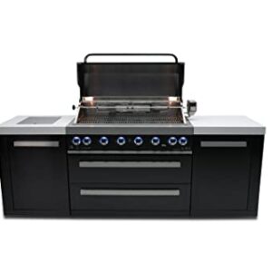 Mont Alpi MAi805-BSS 44-inch 6-Burner 115000 BTU Deluxe Black Stainless Steel Outdoor Kitchen Gas Island Grill w/ Infrared Side Burner & Rotisserie Kit Granite Countertop + Storage Cabinets & Weather Cover