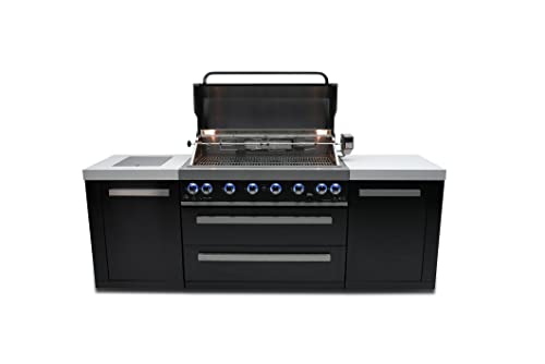 Mont Alpi MAi805-BSS 44-inch 6-Burner 115000 BTU Deluxe Black Stainless Steel Outdoor Kitchen Gas Island Grill w/ Infrared Side Burner & Rotisserie Kit Granite Countertop + Storage Cabinets & Weather Cover