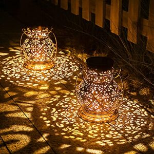 solar lanterns outdoor waterproof ip65, joycreator metal solar hanging lanterns outdoor with handle for outside decorations, led solar lights outdoor garden patio porch decor(2 pack)