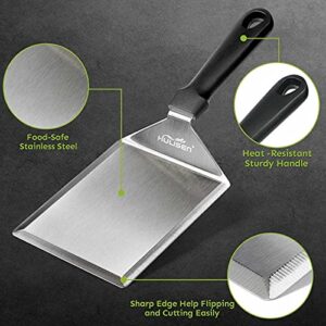 HULISEN Stainless Steel Large Grill Spatula - 6 x 5 Inch Heavy-Duty Metal Spatula with Cutting Edges, Kitchen Griddle Accessories, Smashed Burger Turner Scraper for BBQ Grill and Flat Top Griddle