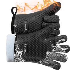 loveuing kitchen oven gloves - silicone and cotton double-layer heat resistant oven mitts/bbq gloves/grill gloves - perfect for baking and grilling - 1 pair (one size fits most, black)