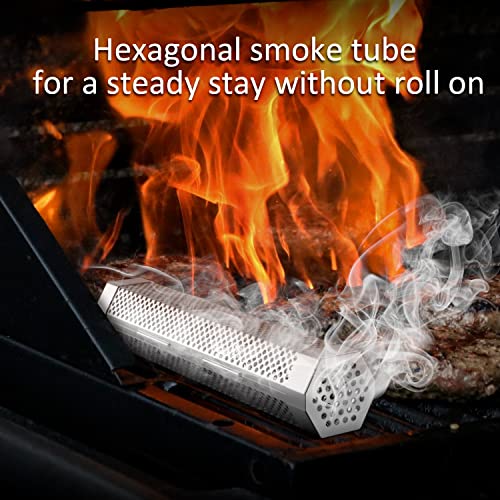 Smoke Tube, OTVAFAVA Upgraded Detachable 12'' Smoke Tube with Cap for Pellet Grill, Stainless Steel Hexagon BBQ Wood Pellet Smoker Tube for Any Grill or Smoker, Hot or Cold Smoking, Easy to Clean