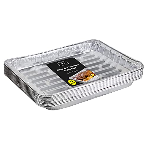 DCS Deals Pack of 25 Disposable Aluminum Broiler Pans – Good for BBQ, Grill Trays – Multi-Pack of Durable Aluminum Sheet Pans – Ribbed Bottom Surface - 13.40" x 9" x 0.85"