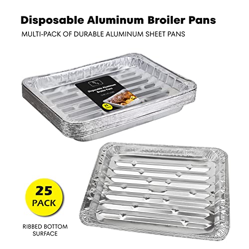 DCS Deals Pack of 25 Disposable Aluminum Broiler Pans – Good for BBQ, Grill Trays – Multi-Pack of Durable Aluminum Sheet Pans – Ribbed Bottom Surface - 13.40" x 9" x 0.85"