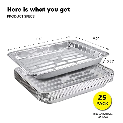 DCS Deals Pack of 25 Disposable Aluminum Broiler Pans – Good for BBQ, Grill Trays – Multi-Pack of Durable Aluminum Sheet Pans – Ribbed Bottom Surface - 13.40" x 9" x 0.85"