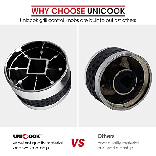 Unicook Grill Control Knobs Replacement 2 Pack, Gas Grill Burner Knob Kit, Fits BBQ Gas Grills with D Shaped Valve Stem, NOT Fit Kitchen or Recessed Flush Valve Stem, Include 2 Knobs and 6 Adaptors