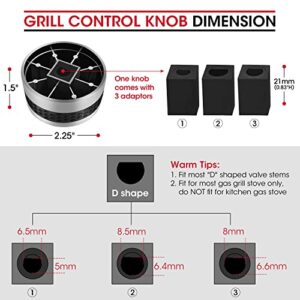 Unicook Grill Control Knobs Replacement 2 Pack, Gas Grill Burner Knob Kit, Fits BBQ Gas Grills with D Shaped Valve Stem, NOT Fit Kitchen or Recessed Flush Valve Stem, Include 2 Knobs and 6 Adaptors