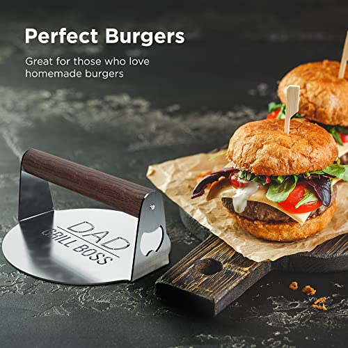 GALVANOX BBQ Press Grilling Gift for DAD The Grill Boss - Stainless Steel Smash Burger Press for Hamburger/Bacon with Wood Handle & Beer Opener (for Christmas, Birthday, Fathers Day)