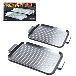 cook time grill pan set of 2, bbq grill topper for outdoor grill, stainless steel grilling baskets with holes and handles, perforated food tray barbecue accessories for vegetable, fish, meat, seafood