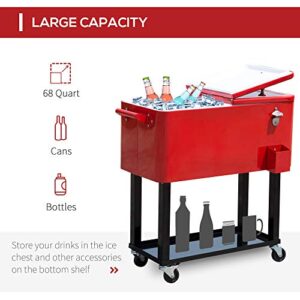 Outsunny 80 QT Rolling Cooling Bins Ice Chest on Wheels Outdoor Stand Up Drink Cooler Cart for Party, Red