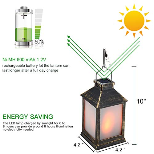 10" Vintage Style Solar Powered Lantern Fame Effect(Metallic Coating Black,Plastic),Solar Garden Light with Vivid Fire,Outdoor Hanging Lantern,Decorative Lanterns ZKEE (Set of 4)