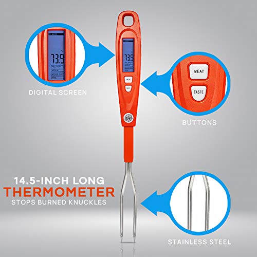 Digital Meat Thermometer Fork for Grilling & BBQ with Ready Alarm, Pro Temp Points for Quick Accurate Temperature on Steak, Pork, Chicken & Hot Grilled Food on Patio or Outside Kitchen