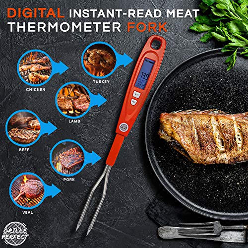 Digital Meat Thermometer Fork for Grilling & BBQ with Ready Alarm, Pro Temp Points for Quick Accurate Temperature on Steak, Pork, Chicken & Hot Grilled Food on Patio or Outside Kitchen