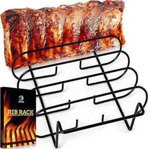 mountain grillers rib racks for smoking, gas smoker, charcoal grill, sturdy & non stick standing roasting rack for gas grill, bbq grill, holds 4 baby back ribs, grilling & pit boss accessories for men