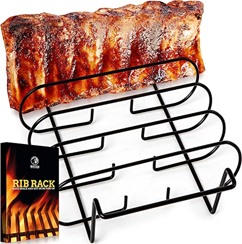 MOUNTAIN GRILLERS Rib Racks for Smoking, Gas Smoker, Charcoal Grill, Sturdy & Non Stick Standing roasting rack for Gas Grill, BBQ Grill, Holds 4 Baby Back Ribs, Grilling & pit boss accessories for men