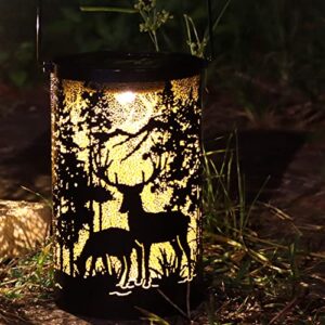 solar outdoor lantern made of metal, carving the appearance of forests and deer. outdoor decorative lamps for patio waterproof, delicate garden decoration for patio, pathway, landscape, home decor.