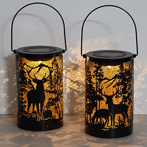 Solar Outdoor Lantern Made of Metal, Carving The Appearance of Forests and Deer. Outdoor Decorative Lamps for Patio Waterproof, Delicate Garden Decoration for Patio, Pathway, Landscape, Home Decor.