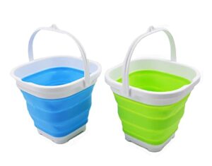 sammart 2.6l (0.68 gallon) super mini sqare collapsible plastic bucket - foldable square tub - portable fishing water pail - space saving outdoor waterpot (marine blue + grass green)