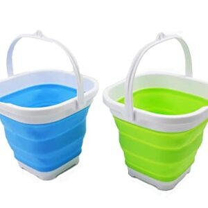 SAMMART 2.6L (0.68 Gallon) Super Mini Sqare Collapsible Plastic Bucket - Foldable Square Tub - Portable Fishing Water Pail - Space Saving Outdoor Waterpot (Marine Blue + Grass Green)