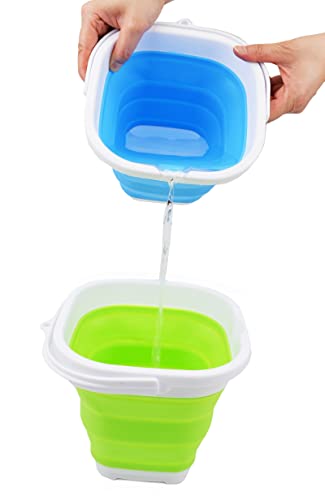 SAMMART 2.6L (0.68 Gallon) Super Mini Sqare Collapsible Plastic Bucket - Foldable Square Tub - Portable Fishing Water Pail - Space Saving Outdoor Waterpot (Marine Blue + Grass Green)