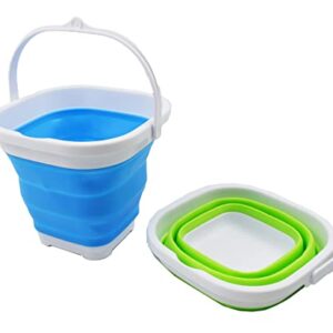 SAMMART 2.6L (0.68 Gallon) Super Mini Sqare Collapsible Plastic Bucket - Foldable Square Tub - Portable Fishing Water Pail - Space Saving Outdoor Waterpot (Marine Blue + Grass Green)