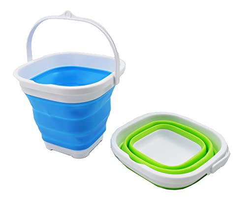 SAMMART 2.6L (0.68 Gallon) Super Mini Sqare Collapsible Plastic Bucket - Foldable Square Tub - Portable Fishing Water Pail - Space Saving Outdoor Waterpot (Marine Blue + Grass Green)