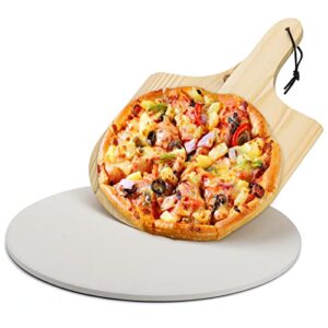 zenfun 15'' round pizza stone with wooden pizza paddle, cordierite pizza stone board for grill, bbq, oven safe, baking, pies, pastry bread, calzone, thermal shock resistant