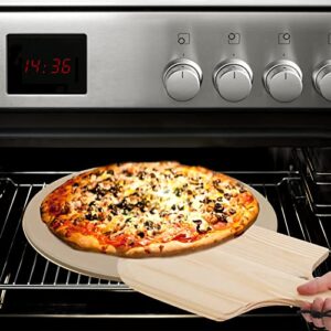 ZENFUN 15'' Round Pizza Stone with Wooden Pizza Paddle, Cordierite Pizza Stone Board for Grill, BBQ, Oven Safe, Baking, Pies, Pastry Bread, Calzone, Thermal Shock Resistant