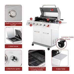 Royal Gourmet 5-Burner Propane Gas Grill with Side Burner, Stainless Steel Barbeque Grills, Silver, GA5404S